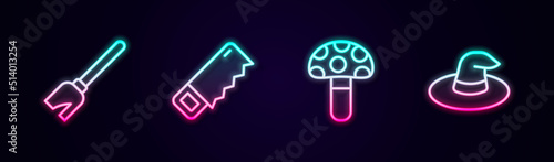 Set line Witches broom, Hand saw, Psilocybin mushroom and hat. Glowing neon icon. Vector