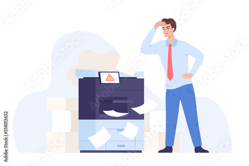 Frustrated office person next to broken printer. Upset cartoon worker, piles of paper, old equipment, failure flat vector illustration. Technology, stress concept for banner or landing web page