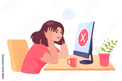Worried worker sitting in front of broken computer. Error on screen, desperate female executive flat vector illustration. Stress, technology concept for banner, website design or landing web page