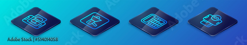 Set Isometric line Calculator, Advertising, Mobile with dollar and Megaphone icon. Vector