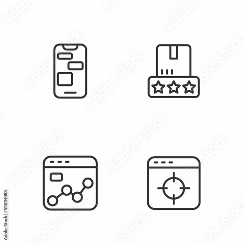 Set line Target financial goal, Market analysis, Mobile 24 hours support and Consumer product rating icon. Vector