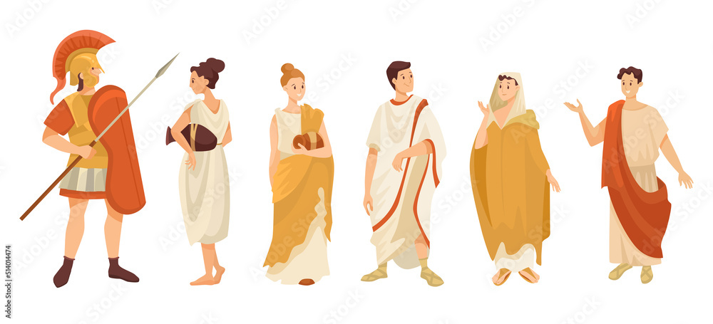 Fototapeta premium People in traditional Roman clothes vector illustrations set. Adult male and female characters in togas or tunics, gladiator isolated on white background. History, Ancient Rome or Greece concept