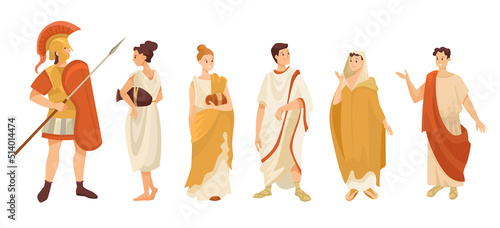 People in traditional Roman clothes vector illustrations set. Adult male and female characters in togas or tunics, gladiator isolated on white background. History, Ancient Rome or Greece concept