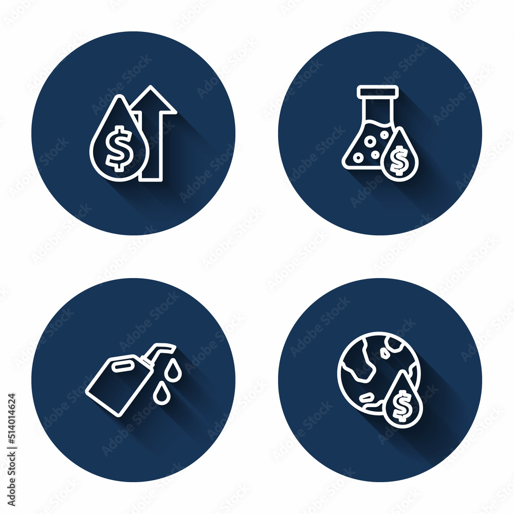 Set line Oil price increase, petrol test tube, Canister for motor machine oil and drop with dollar symbol with long shadow. Blue circle button. Vector Set line Oil price increase, petrol test tube, Canister for motor machine oil and drop with dollar symbol with long shadow. Blue circle button. Vector