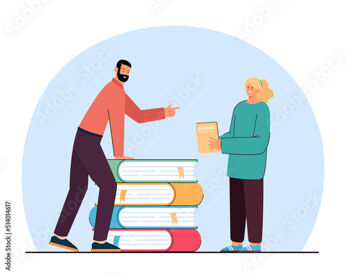 Teacher or salesperson and female student holding book. Man and girl next to pile of huge books flat vector illustration. Education, knowledge, literature concept for banner or landing web page