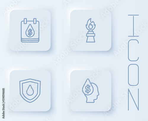 Set line Oil drop with dollar symbol, rig fire, on shield and . White square button. Vector