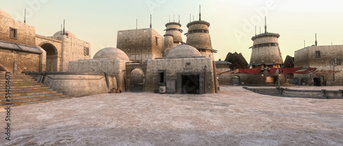Foto Panoramic 3D rendering of a fantasy sci-fi outpost on a remote alien planet in the outer rim of the galaxy