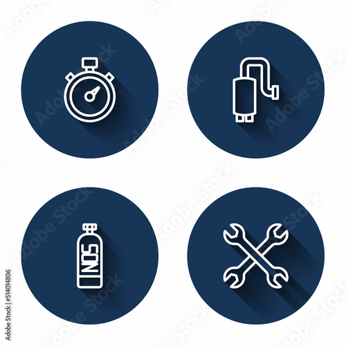Set line Stopwatch, Car muffler, Nitrous oxide and Wrench spanner with long shadow. Blue circle button. Vector