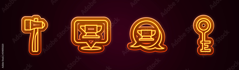 Set line Hammer, Blacksmith anvil tool, and Old key. Glowing neon icon. Vector Set line Hammer, Blacksmith anvil tool, and Old key. Glowing neon icon. Vector