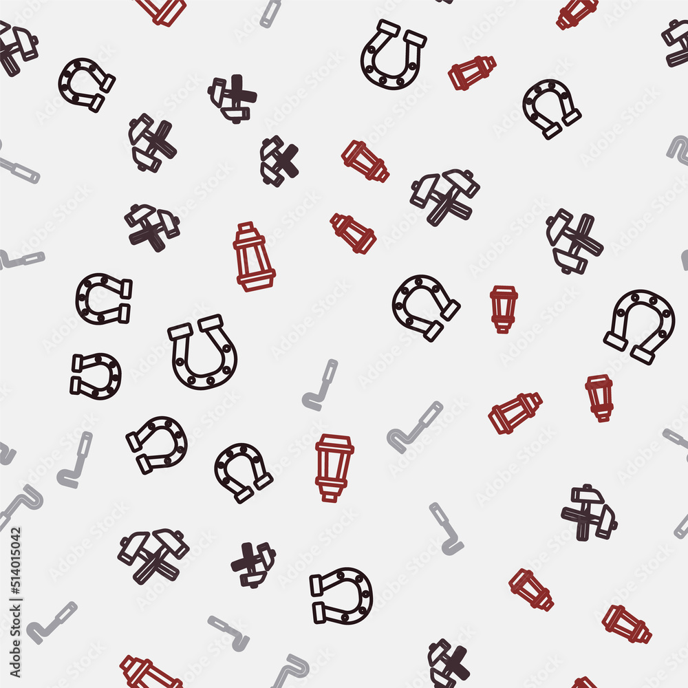 Set line Horseshoe, Crossed hammer, Fire poker and Garden light lamp on seamless pattern. Vector Set line Horseshoe, Crossed hammer, Fire poker and Garden light lamp on seamless pattern. Vector