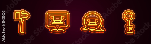 Set line Hammer, Blacksmith anvil tool, and Old key. Glowing neon icon. Vector