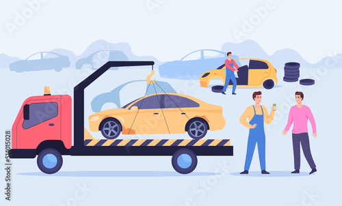 Man at dump with old salvage or scrap cars. Worker getting money for junk automobile removal, tow truck, junkyard flat vector illustration. Transport, repair service concept for banner, website design