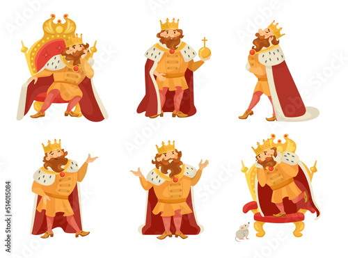 Medieval king cartoon character flat vector illustrations set. Funny, happy, angry fat man in royal costume standing, sitting on chair on white background. Royalty, nobility, fantasy, history concept