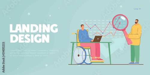 Office worker in wheelchair and income chart going up. Employee with magnifier analyzing statistics flat vector illustration. Finances, investment, success concept for banner, website design
