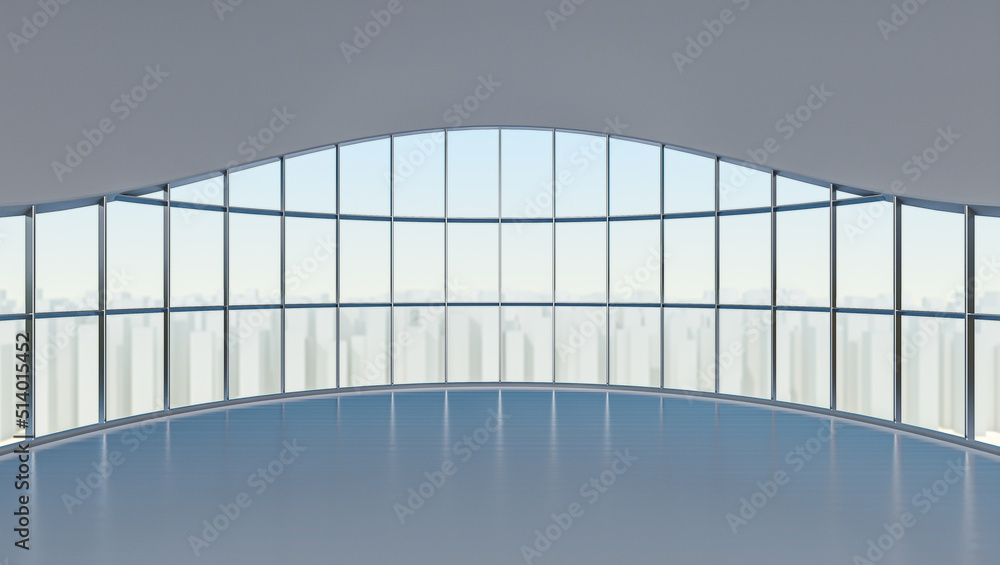 Fototapeta premium Curve window with white city background. Open space product display showcasw space. 3D rendering.