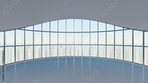 Curve window with white city background. Open space product display showcasw space. 3D rendering.