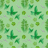 Handdrawn Watercolor green leaves seamless pattern on the green background. Scrapbook design, typography poster, label, banner, post card.