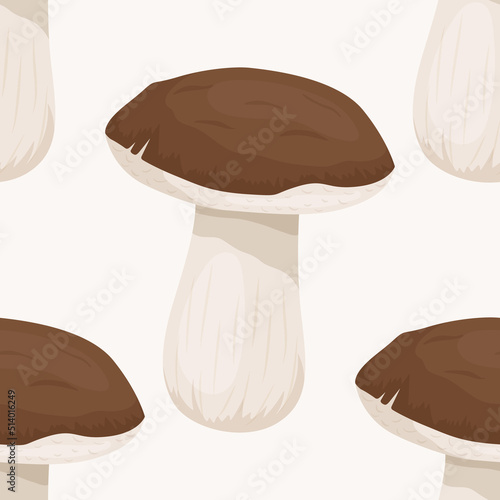 Vector Seamless Pattern with Bolete Mushroom on White. Seamless Texture, Hand Drawn Cartoon Bolete Mushrooms. Design Template for Textile, Wallpaper, Print. Leccinum Scabrum, Penny Bun