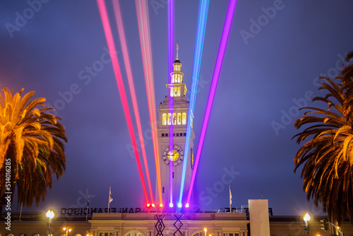 Photography San Francisco Pride Weekend WELCOME Laser Lights in front of Landmark at Night