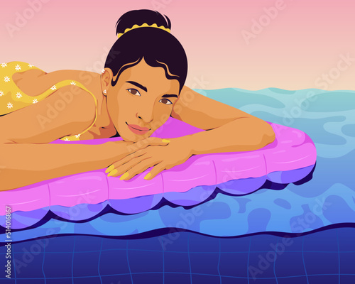 Person relaxing using inflatable lilo pool float to sunbath on water