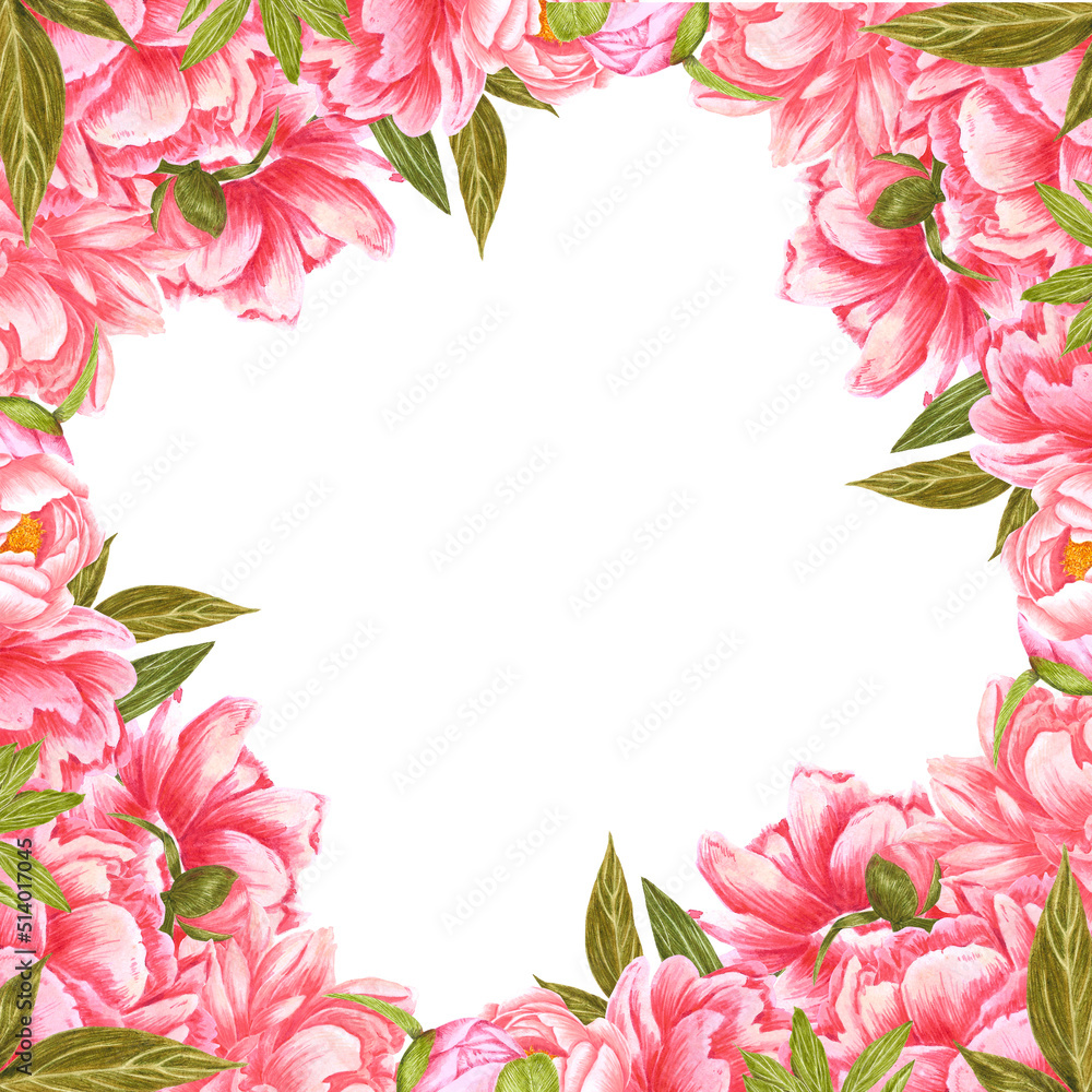 Handdrawn Watercolor red and cream peony flowers frame with green leaves and buds on the white background. Scrapbook design, wedding invitation, label, banner, post card. Handdrawn Watercolor red and cream peony flowers frame with green leaves and buds on the white background. Scrapbook design, wedding invitation, label, banner, post card.