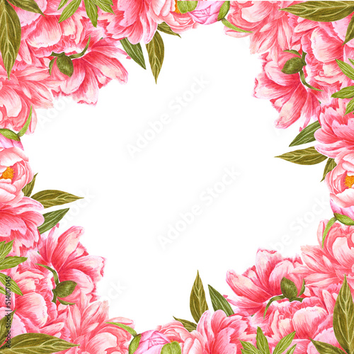 Handdrawn Watercolor red and cream peony flowers frame with green leaves and buds on the white background. Scrapbook design, wedding invitation, label, banner, post card.