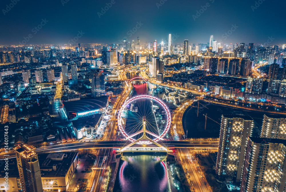 Aerial shot of tianjin Eye Ferris Wheel