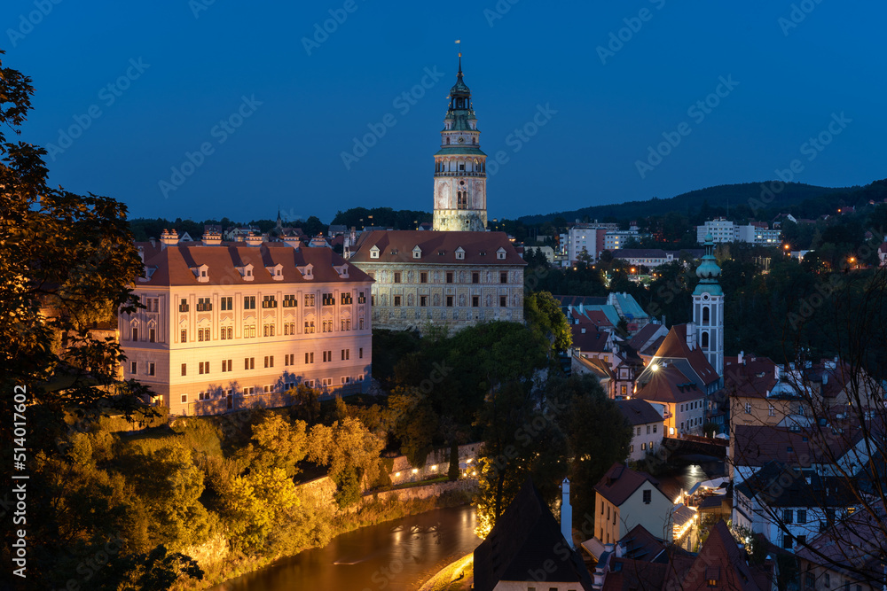 Townscape of Cesky Krumlov, Czech Republic at twilight. Illuminated historic buildings