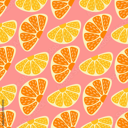 Seamless pattern of oranges and lemons on pink. Trendy hand-drawn vector stylised sliced fruit. Childish summertime concept. Crazy coloured citrus wallpaper design for web banner, wrapping and print.