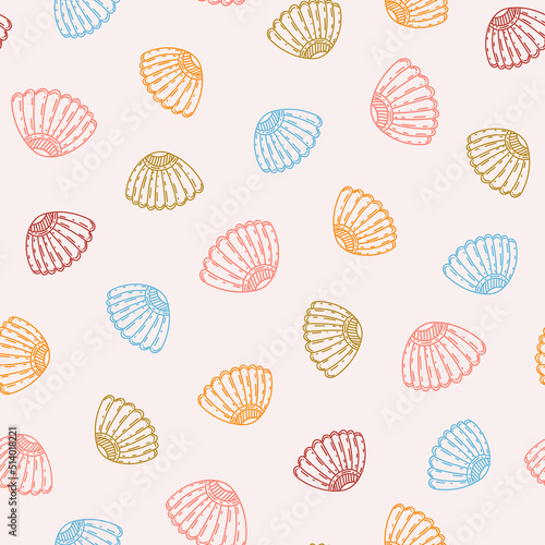 Cute seamless summer vector pattern with colorful seashells hand drawn in sketch style