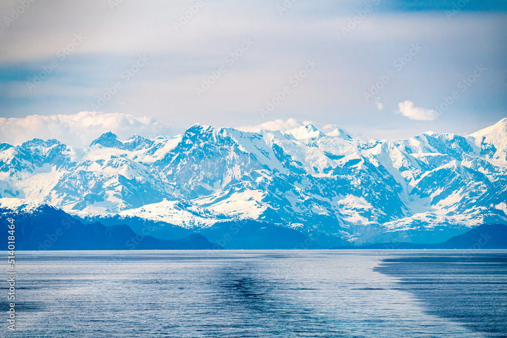 Wake from cruise ship sailing away from the Prince William Sound and the town of Valdez in Alaska
