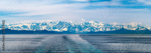 High definition panorama as cruise ship sails away from the Prince William Sound and the town of Valdez in Alaska photo