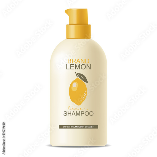 Realistic bottle package vector, lemon shampoo bottle, hair cosmetics yellow design, packaging mockup