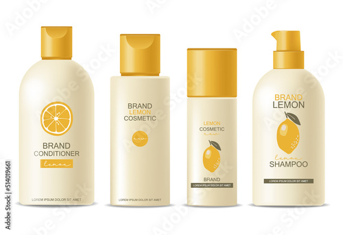 Realistic package for hair cosmetics set. Container lotion, shampoo, conditioner, cream, mask bottle mockup isolated vector, package bottle cosmetics set, lemon plastic bottle collection