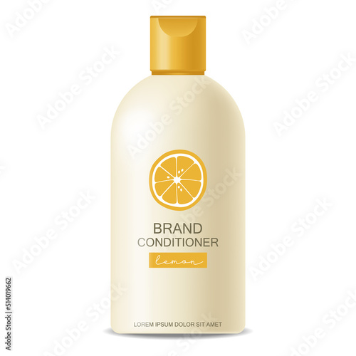 Realistic bottle package vector, lemon shampoo and conditioner bottle, hair cosmetics yellow design, packaging mockup