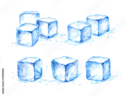 Watercolor hand drawn illustration set of Ice Cubes