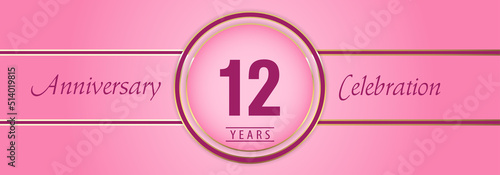 12 years anniversary celebration with gold and pink circle frames on pink background. Premium design for brochure, poster, banner, wedding, celebration event, greetings card, happy birthday party.