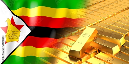 Zimbabwe flag and gold ingots - 3D illustration photo