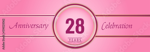 28 years anniversary celebration with gold and pink circle frames on pink background. Premium design for brochure, poster, banner, wedding, celebration event, greetings card, happy birthday party.