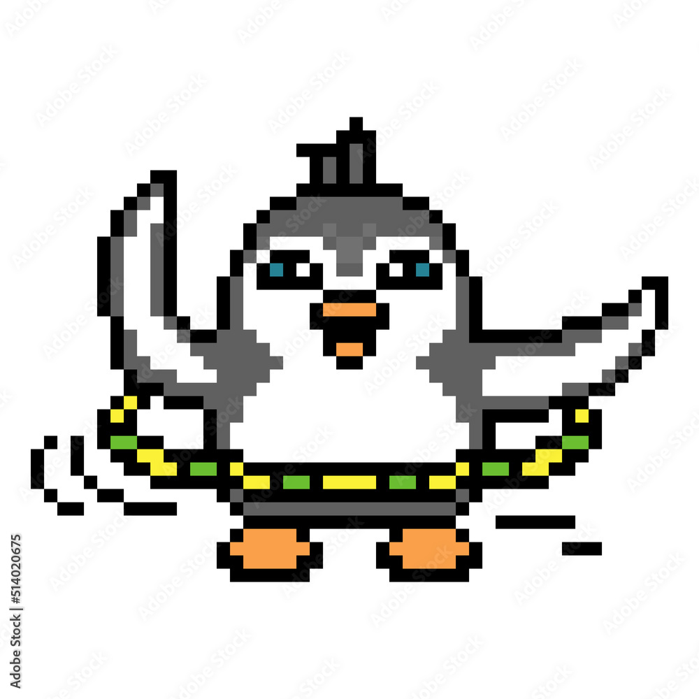 Penguin twirling a Hula hoop toy, pixel art animal character isolated on white background. Old school retro 80s, 90s 8 bit slot machine, computer, video game graphics. Cartoon sport activity mascot. Penguin twirling a Hula hoop toy, pixel art animal character isolated on white background. Old school retro 80s, 90s 8 bit slot machine, computer, video game graphics. Cartoon sport activity mascot.