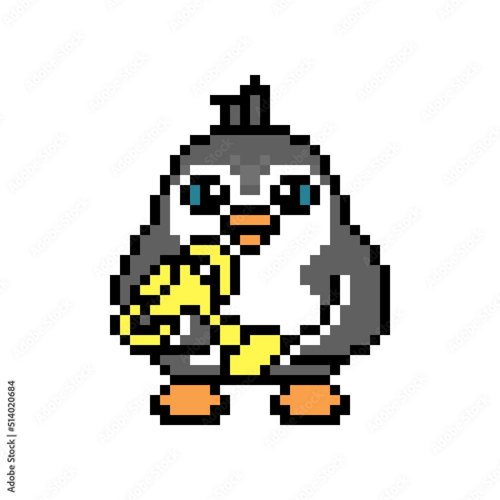 Penguin with a golden winners' cup, pixel art animal character isolated on white background. Old school retro 80's-90's 8 bit slot machine, video game graphics. Cartoon champion mascot. Trophy symbol.