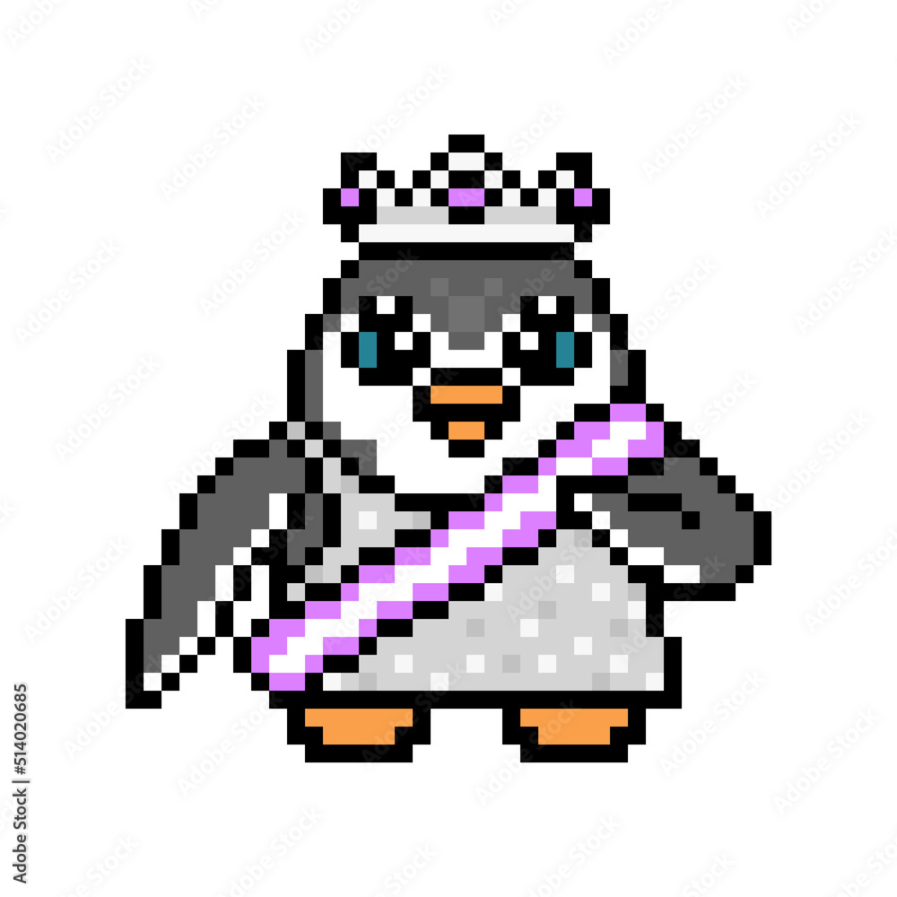 Beauty queen penguin in a sash, sparkly dress and silver diadem, pixel art character on white. Retro video game graphics. Prom girl. Beauty pageant mascot. Coronation ceremony. Contest winner reward.