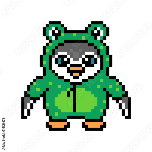 Penguin in a frog kigurumi costume, cute pixel art animal character isolated on white background. Old school retro 80s, 90s 8 bit slot machine, computer, video game graphics. Cartoon kid party mascot.