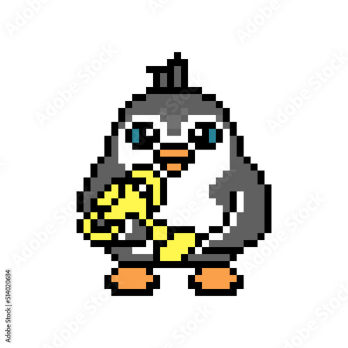 Penguin with a golden winners' cup, pixel art animal character isolated on white background. Old school retro 80's-90's 8 bit slot machine, video game graphics. Cartoon champion mascot. Trophy symbol. © Ksenia