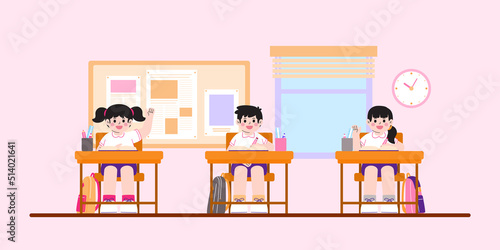Happy Kids Sit at Table And Study In Classroom, Vector, Illustration