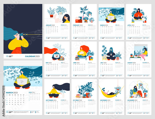 Relax, Meditation and Easy Living Concepts 2023 Calendar. Full Vector Template Calendar with colorful illustration.