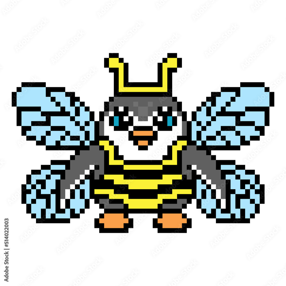 Penguin in a bee carnival costume, cute pixel art animal character isolated on white background. Old school retro 80s, 90s 8 bit slot machine, computer, video game graphics. Dress up party mascot. Penguin in a bee carnival costume, cute pixel art animal character isolated on white background. Old school retro 80s, 90s 8 bit slot machine, computer, video game graphics. Dress up party mascot.