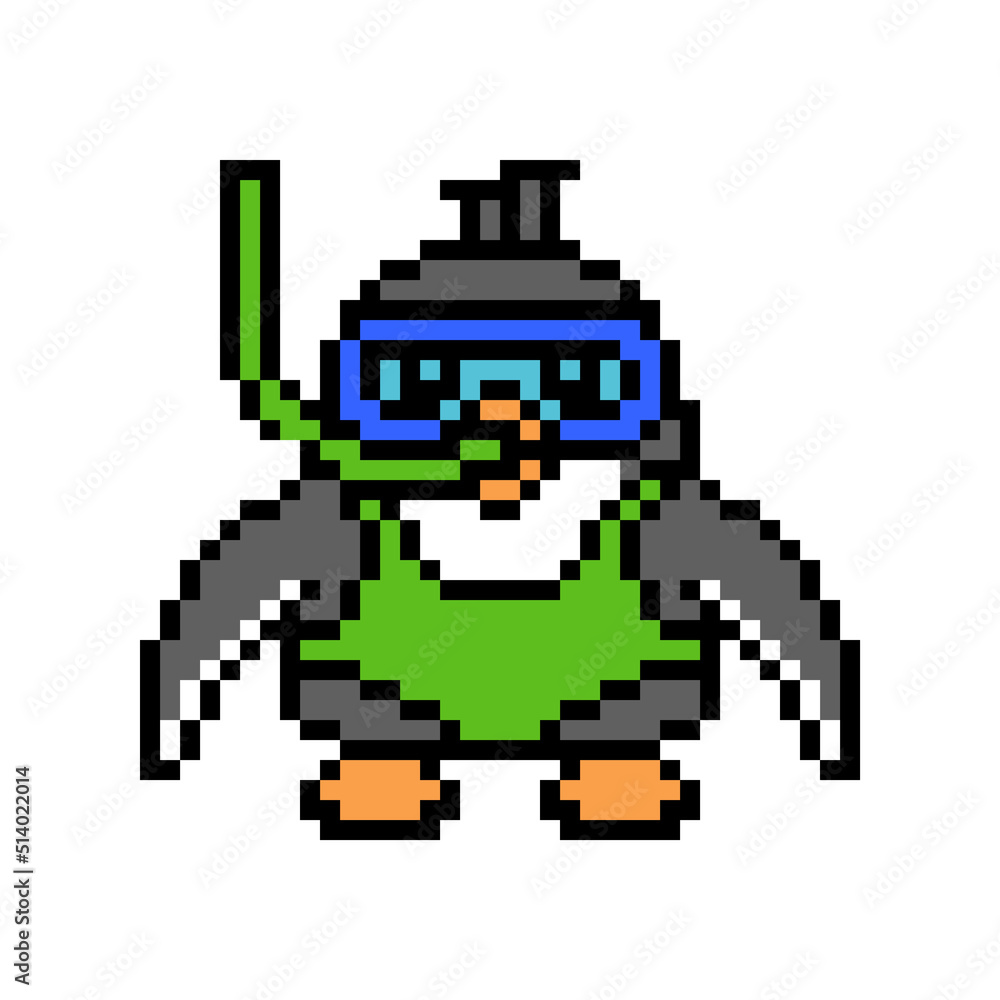 Penguin in green swimsuit, goggles and snorkel, cute pixel art animal character isolated on white background. 80s-90s 8 bit slot machine, video game graphics. Water sport training mascot. Diving logo.