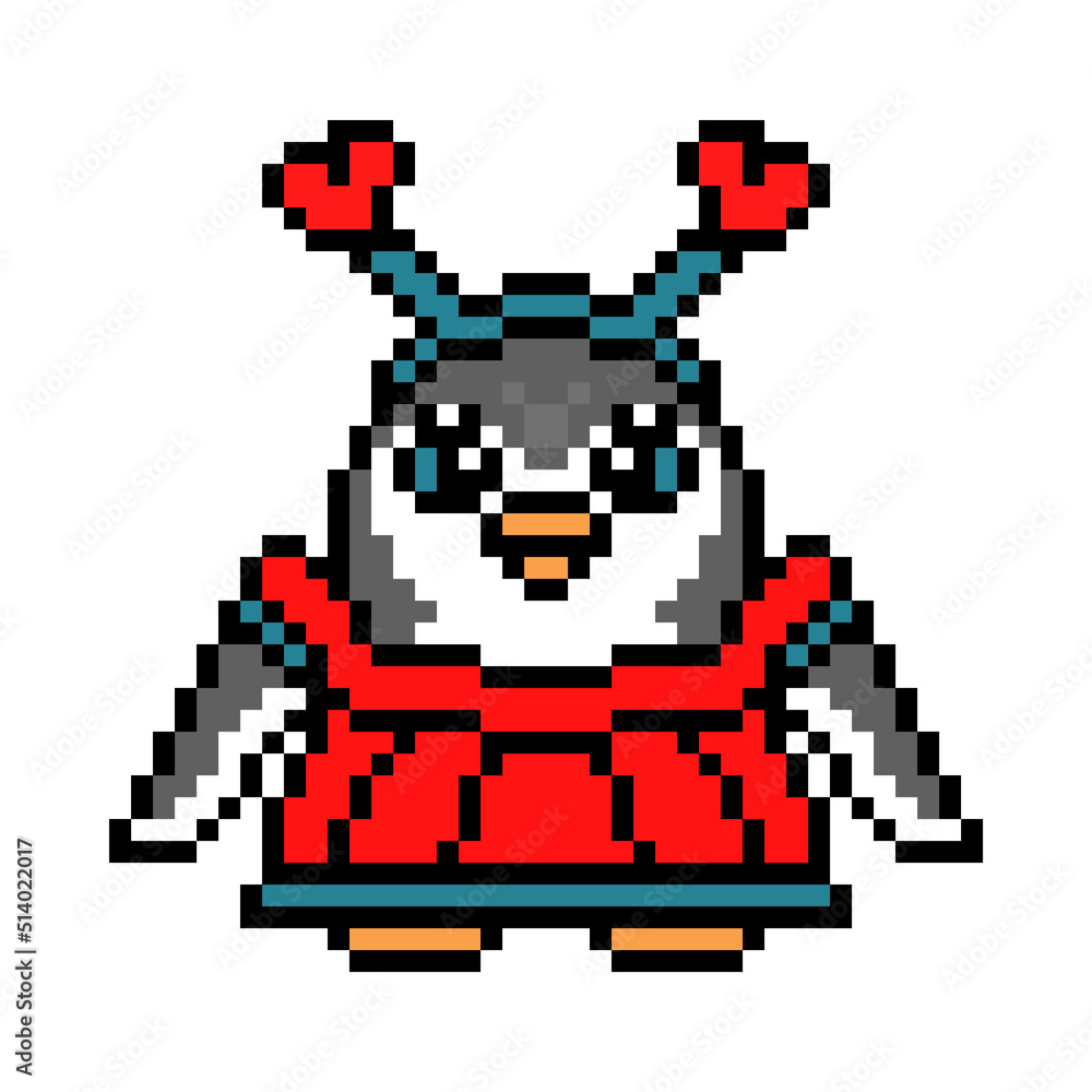 Penguin woman in a red dress and heart head bopper, pixel art animal character on white background. Old school retro 80s, 90s 8 bit slot machine, video game graphics. Cartoon Valentine's day mascot. Penguin woman in a red dress and heart head bopper, pixel art animal character on white background. Old school retro 80s, 90s 8 bit slot machine, video game graphics. Cartoon Valentine's day mascot.