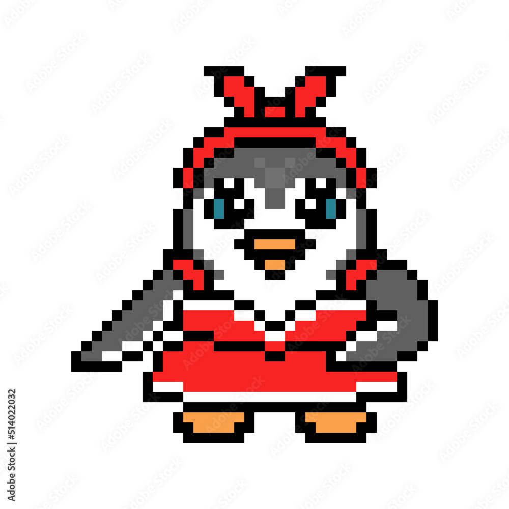 Fototapeta premium Penguin woman in 40s pin-up style dress and headband, pixel art animal character isolated on white background. Old school retro 80s, 90s 8 bit slot machine, video game graphics. Cartoon girl mascot.